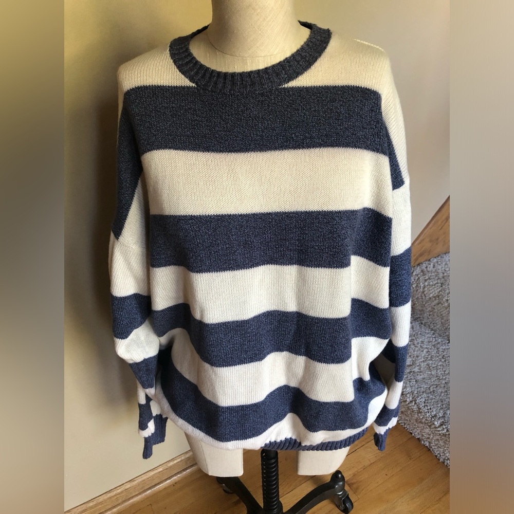 Navy and cream striped crew neck sweater size large